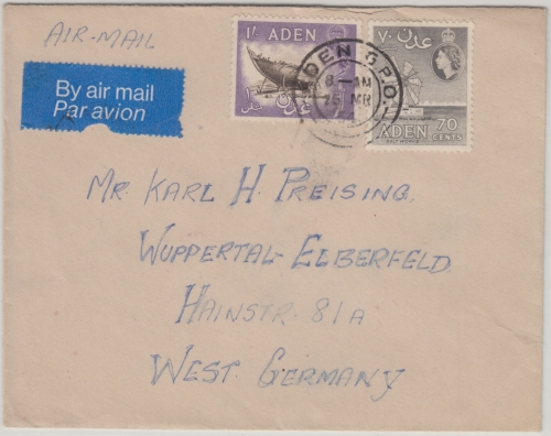 Aden - 1 Sh.+70 C. Freimarken Luftpostbrief Aden - Wuppertal 1954