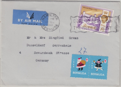 Bermuda - 1/6 Sh. Freimarke Luftpostbrief Hamilton - Düsseldorf 1963