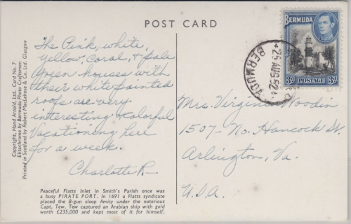 Bermuda - 3 P. Leuchtturm Karte n. USA Hamilton - Arlington 1952