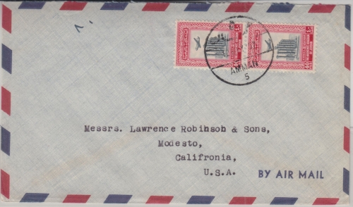 Jordanien - 2x40 F. Freimarken Luftpostbrief n. USA Amman - Modesto 1957
