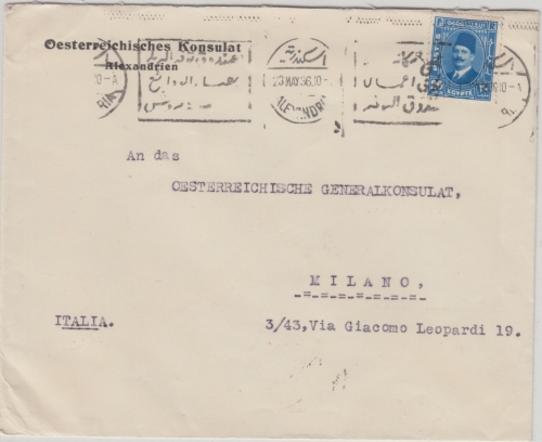 Ägypten - 20 M. König Fuad Brief n. ITALIEN Alexandrien - Milano 1936