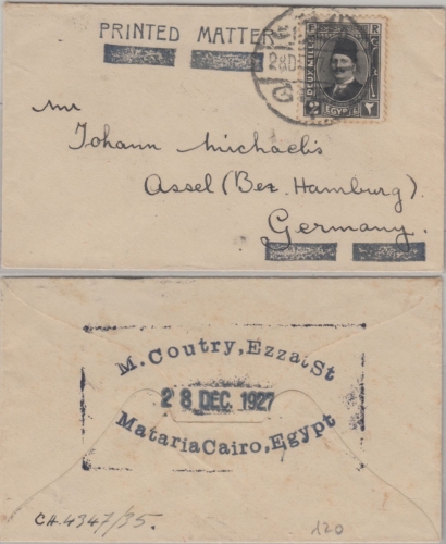 Ägypten - 2 M. König Fuad Drucksachenbriefchen Cairo - Assel (Bz. Hamburg) 1927