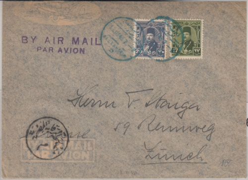 Ägypten - 20+17 M. König Fuad Luftpostbrief i.d. SCHWEIZ Alexandria Zürich 1948