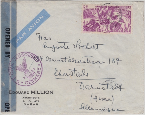 Franz. Westafrika - 15 F. Panzer Luftpost Zensurbrief Dakar - Darmstadt 1946