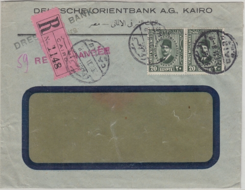 Ägypten - 2x20 M. König Fuad Einschreibebrief i.d. SCHWEIZ Cairo - Luzern 1931