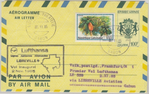 Gabonaise - 100 F. Ganzsache Aerogramme Lufthansa Erstflug Libreville - FFM 1985