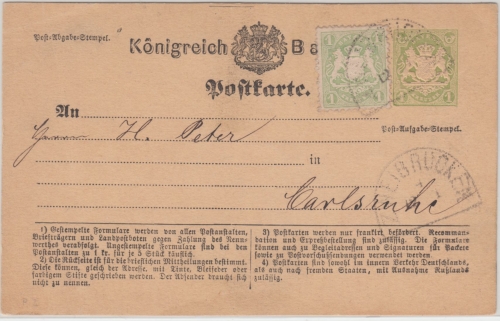 Bayern - 1 Kr. Ganzsache+Zusatz HKS Zweibrücken - Carlsruhe 1875
