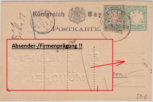 Bayern - 5 Pfg. Ganzsache + 5 Pfg. weite Welle Karte n. HOLLAND München 1877 n.