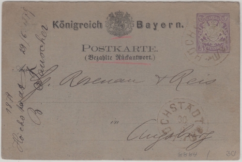 Bayern - 5 Pfg. Wappen Ganzsache Antwortteil Höchstädt - Augsburg 1879
