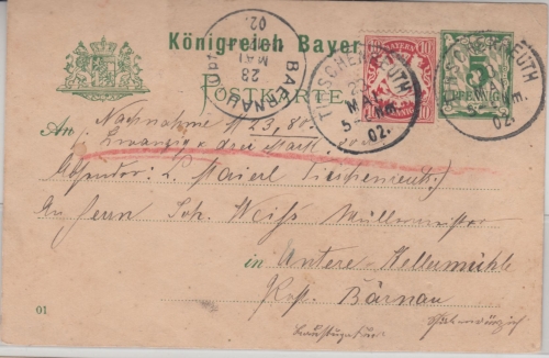 Bayern - 5 Pfg. Rauten Ganzsache Nachnahmekarte Tirschenreuth - Bärnau 1902