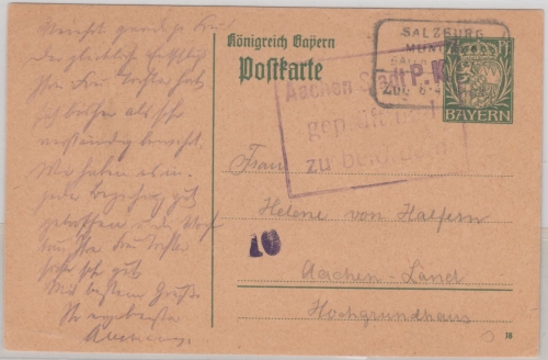 Bayern - 7 1/2 Pfg. Hupp Ganzsache Bahnpost Salzburg-München n. Aachen 1918