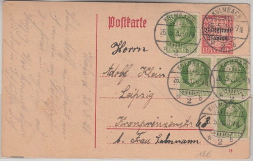 Bayern - 10 Pfg. Hupp Ganzsache/Volksstaat Karte Kulmbach - Leipzig 26.5.20
