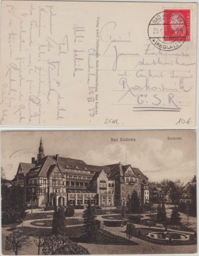 DR - Bad Kudowa 1930 10 Pfg. Ebert Sonderporto AK Kurhotel n. TSCHECHIEN