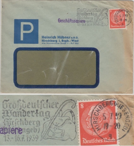 DR - Hirschberg Großdeutscher Wandertag 1939 Masch.werbestempel Geschäftspapiere