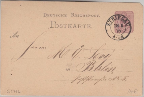 DR - Striegau 1876 nachv. preuss K2 5 Pfg. Ganzsache n. Berlin