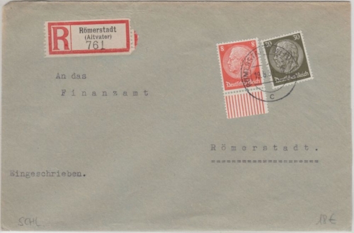 DR - 30+8 Pfg. Hindenburg Ortsbrief Einschreiben Römerstadt (Altvater) 1939