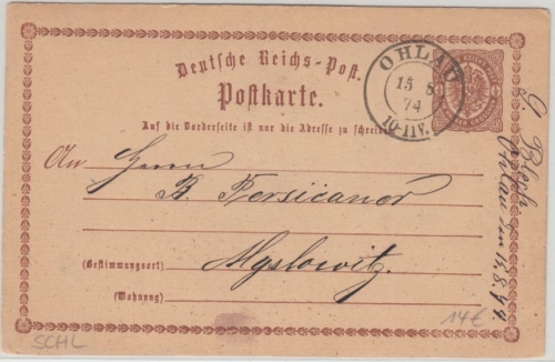 DR - Ohlau 1874 K2 1/2 Gr. Brustschild Ganzsache n. Myslowitz