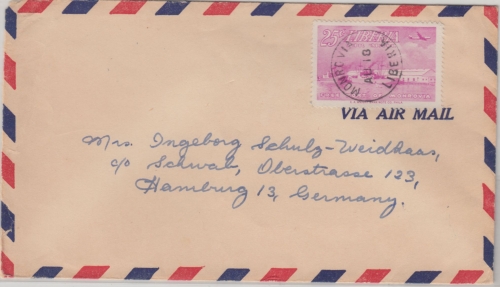Liberia - 25 C. Wiederaufbau Luftpostbrief Monrovia - Hamburg 1953 (?)