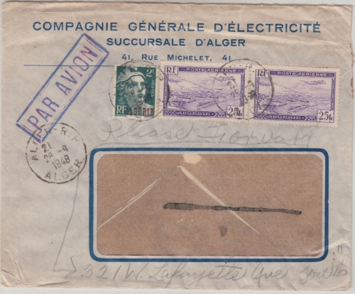 Algerien - 2x25 Fr. Hafen u.a. Luftpostbrief n. USA Alger - Detroit 1948
