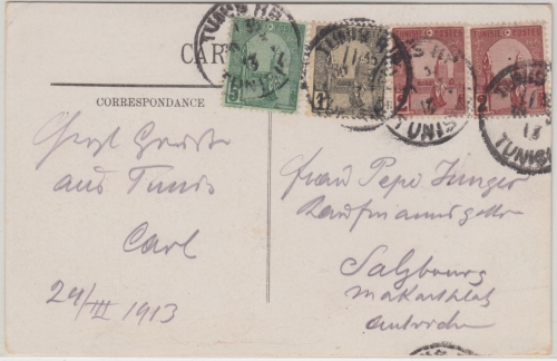 Tunesien - 5+2x2+1 C. Kairuan farb. AK (Souk el Erouk) Tunis - Salzburg 1913