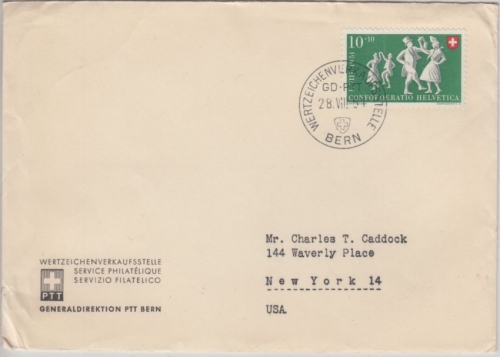 Schweiz - 10 Rp. Pro Patria Trüllpolka Drucksache n. USA Bern - New York 1951