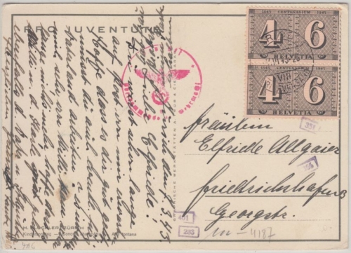 Schweiz - 4+6 Rp. 100 J. Schweiz. Briefmarken Zensurkarte Zürich 1943 n.