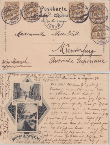 Schweiz - 5x2 Rp Kreuz/Wertziffer sw-AK n. ÖSTERREICH Porrentruy Munderfing 1908