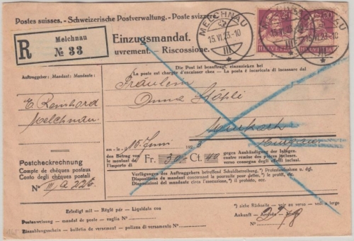 Schweiz - 2x20 Rp. Tell Einschreibebrief Einzugsmandat Melchnau - Murkarch 1923