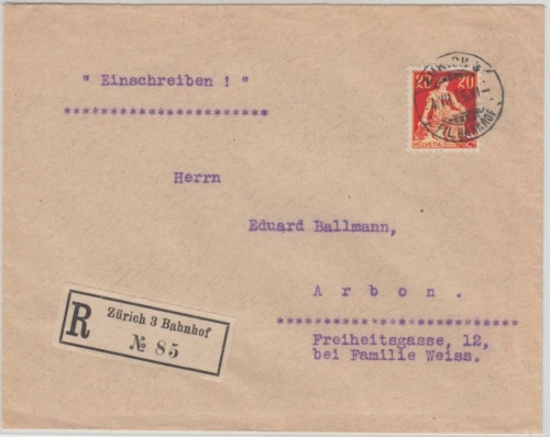 Schweiz - 20 Rp. sitz. Helvetia Einschreibebrief Zürich 3 Bahnhof - Arbon 1915
