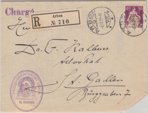 Schweiz - 40 Rp. sitz. Helvetia Einschreibebrief Arbon - St. Gallen 1929