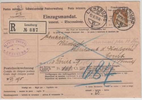 Schweiz - 30 Rp. sitz. Helvetia Einschreibebrief Einzugsmandat Lenzburg 1919 n.