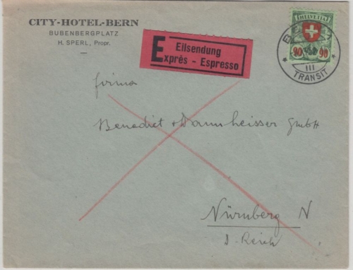Schweiz - 90 Rp. Wappenschild Eilbrief Bern - Nürnberg 1932