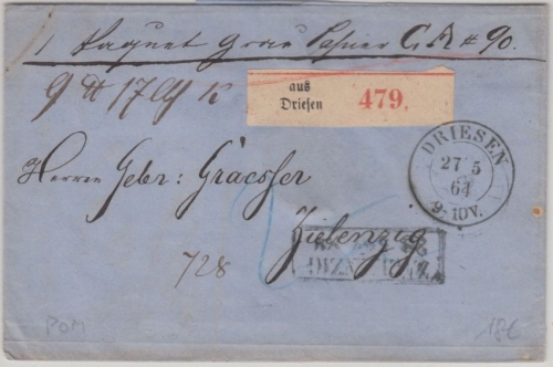 Preussen - Driesen 1864 K2 Paketbegleitbrief n. Zielenzig - mit Inhalt