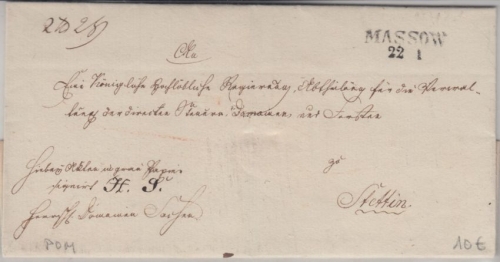 Preussen - Massow 22/1 L2 Dienstbrief/Paketbegleitbrief n Stettin - ca. 1835