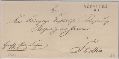 Preussen - Nörnberg (Nörenberg) 11/1 L2 Dienstbrief n. Stettin - ca. 1830