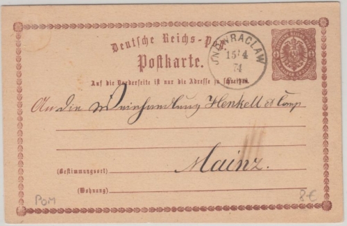 DR - Jnowraclaw 1874 K1 1/2 Gr. Brustschild Ganzsache n. Mainz