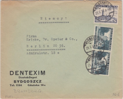 Polen - 2x25+5 Gr. Sehenswürdigkeiten Firmenbrief Bydgoszcz Bromberg Berlin 1937
