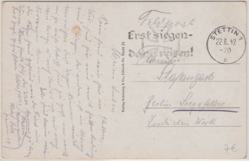DR - Stettin 1942 "Erst siegen - dann reisen" Masch.werbestempel Feldpostkarte