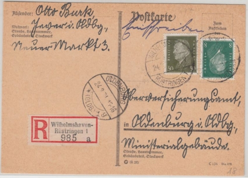 DR - 8+30 Pfg. Ebert Einschreibenpostkarte Wilhelmshaven-Rüstringen 1931 n.