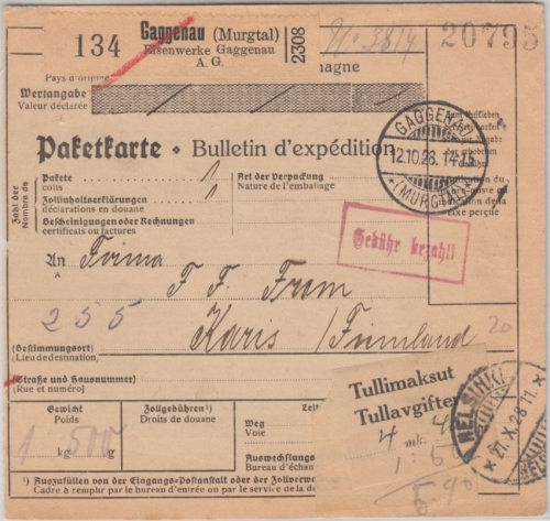 DR - Gaggenau (Murgtal) Gebühr bezahlt Paketkarte Selbstbucher n. FINNLAND 1924
