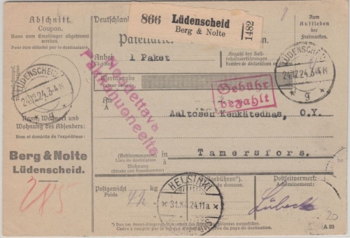 DR - Lüdenscheid Gebühr bezahlt Paketkarte Selbstbucher n. FINNLAND 1924