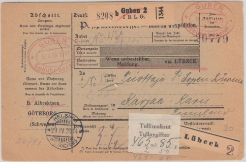 DR - Guben 2 Gebühr bezahlt Paketkarte Selbstbucher n. FINNLAND (Karjaa) 1930