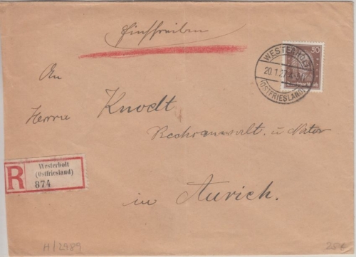 DR - 50 Pfg Bach Einzelfrankatur Einschreibebrief Westerholt (Ostfriesland) 1927