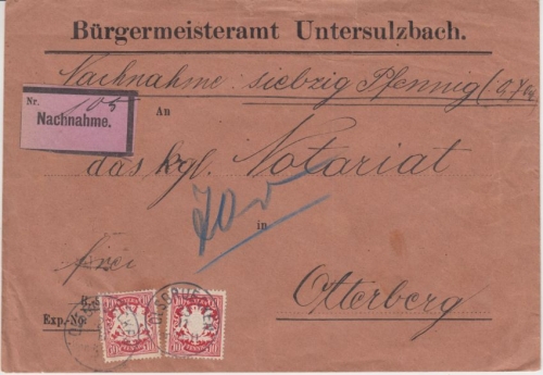 Bayern - 2x10 Pfg. Wappen Nachnahmebrief Olsbrücken - Otterberg 1903