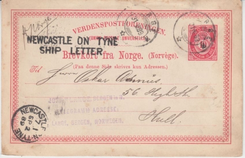 Norwegen - Newcastle on Tyne Shipletter L1 10 Ö. Ganzsache Bergen - Hull 1889