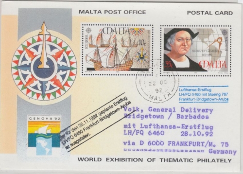 Malta - 35+10 C. Sonderganzsache 500 J. Entdeckung Amerika Zuleitung LH-Erstflug