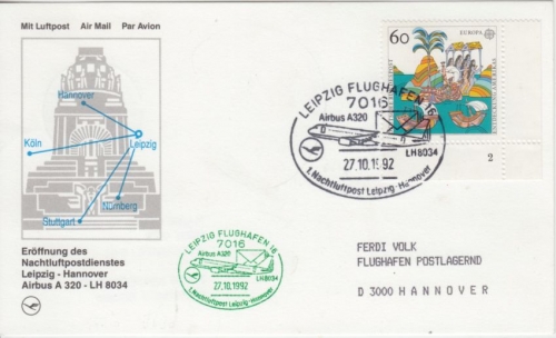 BRD - 60 Pfg. 500 J. Entdeckung Amerika Bogenecke Formnummer LH-Erstflug 1992