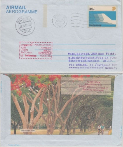 Singapore - 35 C. Aerogramme Zuleitungspost LH Erstflug Nachtluftpost 1992