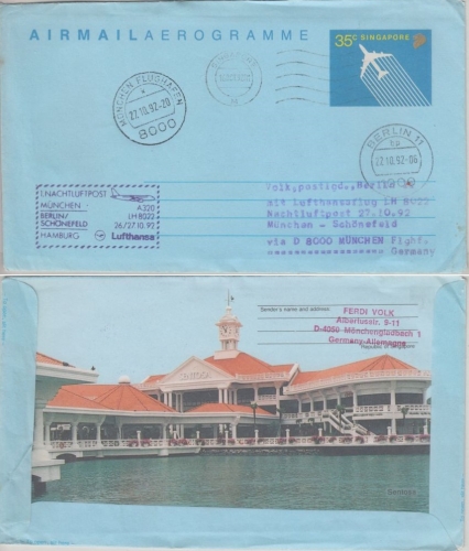 Singapore - 35 C. Aerogramme Zuleitungspost LH Erstflug Nachtluftpost 27.10.1992