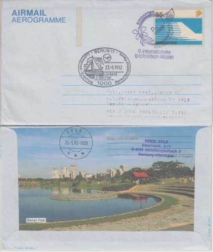 Singapore - 35 C. Aerogramme Zuleitungspost LH Erstflug Berlin - Ronne 1992